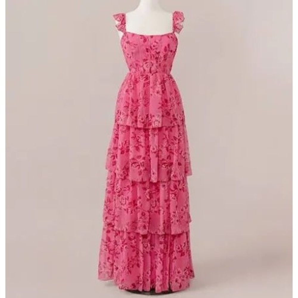 Revelry Poppy Pink Floral Chiffon Tiered Maxi Dress Corset Back Ruffle Size 4